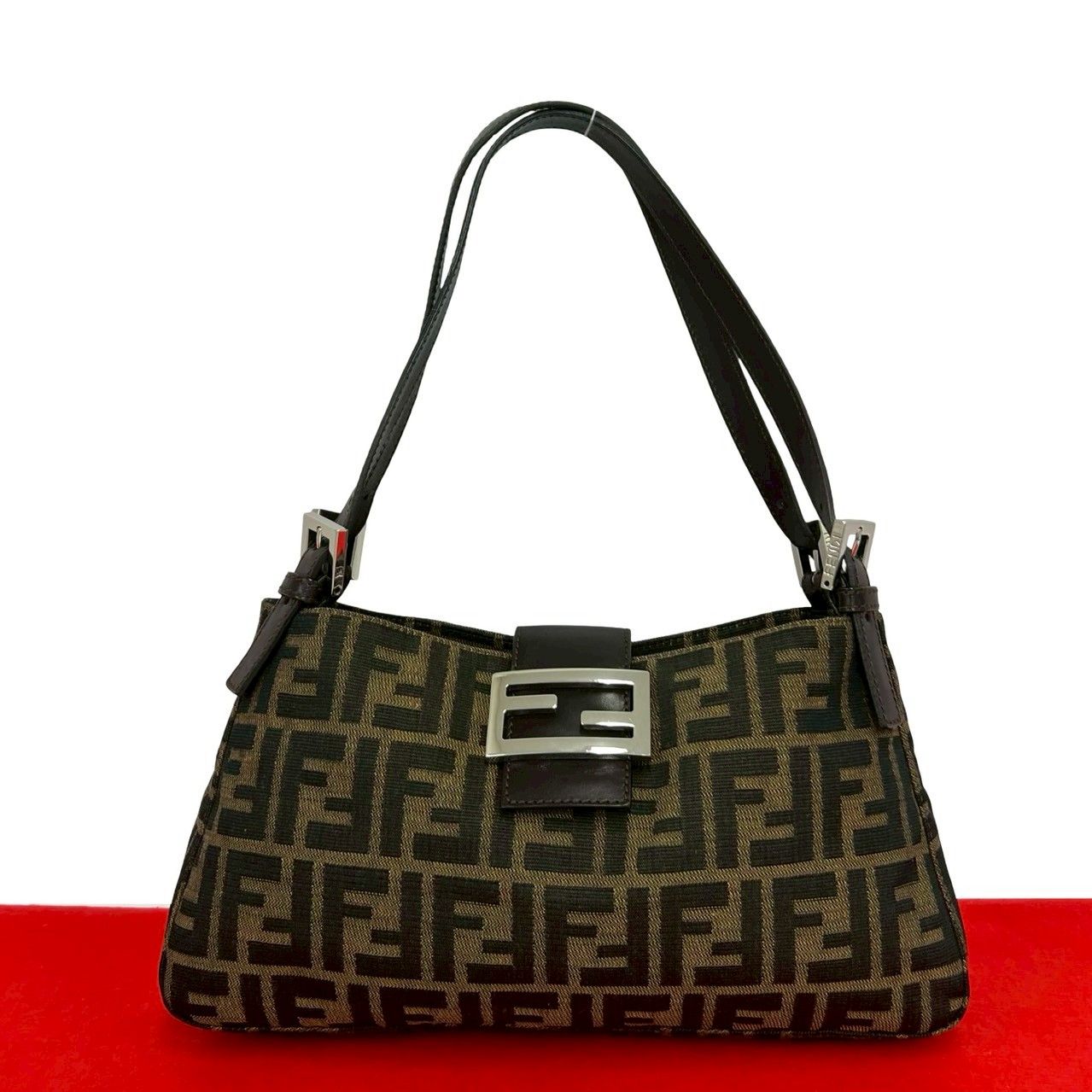 Fendi Zucca FF Logo Canvas Leather Shoulder Bag Brown