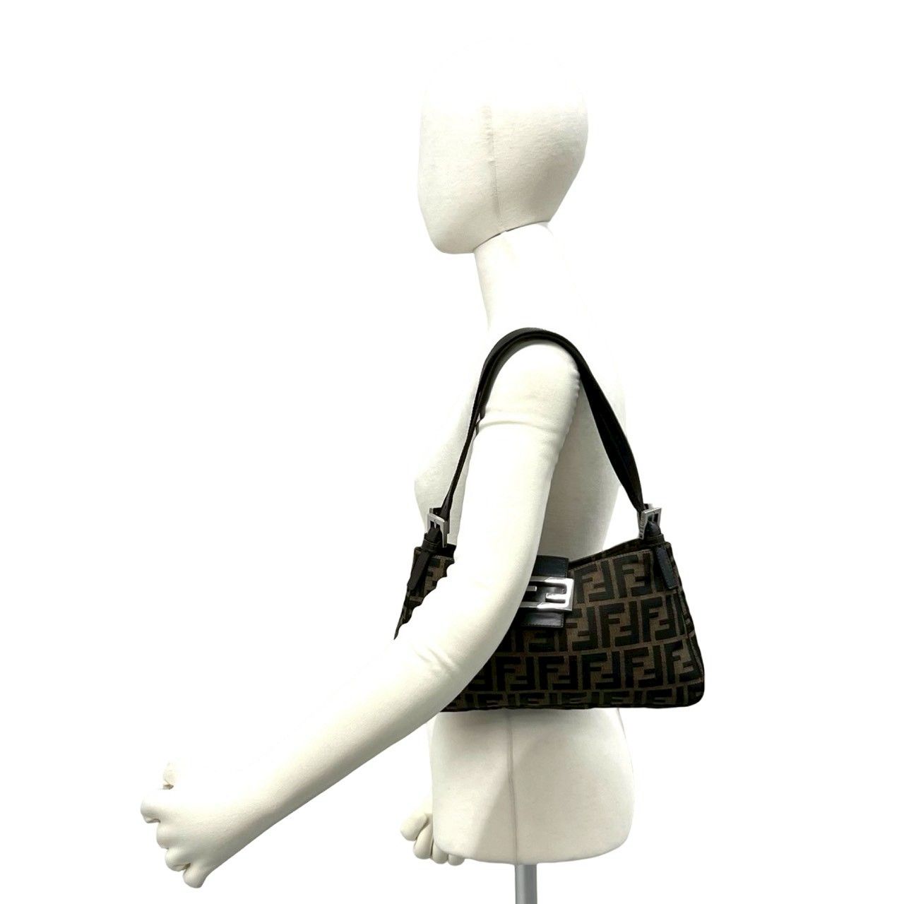 Fendi Zucca FF Logo Canvas Leather Shoulder Bag Brown — view 2