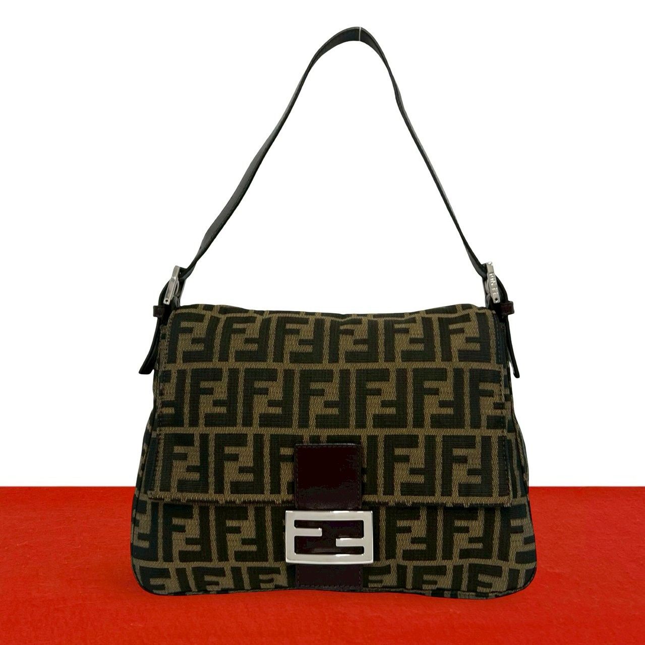 Fendi Mamma Bucket Zucca FF Logo Canvas Leather Shoulder Bag Brown