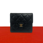 Chanel Quilted CC Logo Caviar Leather Trifold Wallet Mini Coin Purse Black