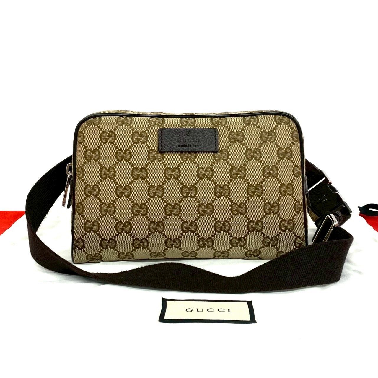 Gucci GG Logo Pattern Canvas Leather Belt Bag Waist Pouch Pochette Brown
