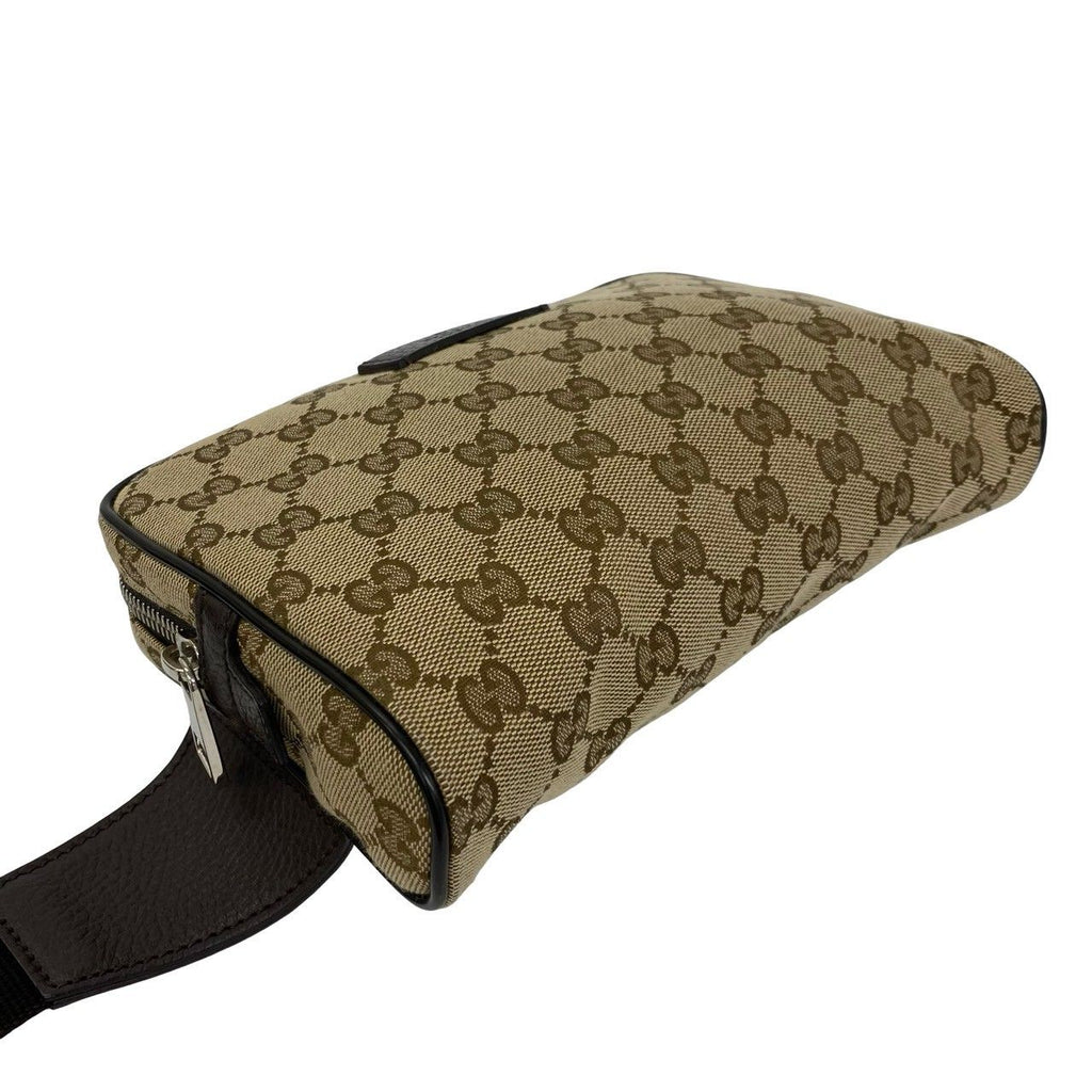 Gucci GG Logo Pattern Canvas Leather Belt Bag Waist Pouch Pochette Brown — view 7