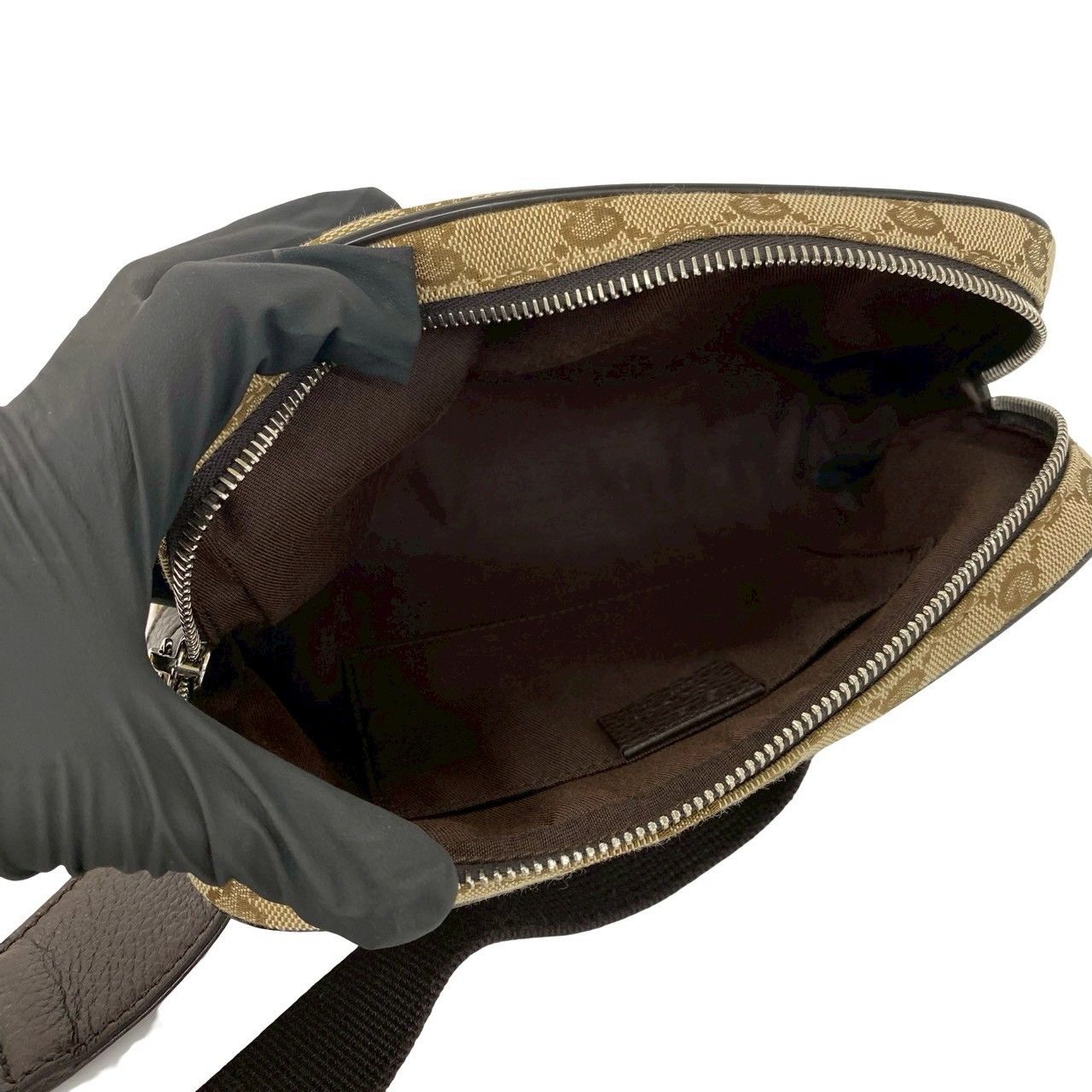 Gucci GG Logo Pattern Canvas Leather Belt Bag Waist Pouch Pochette Brown — view 9