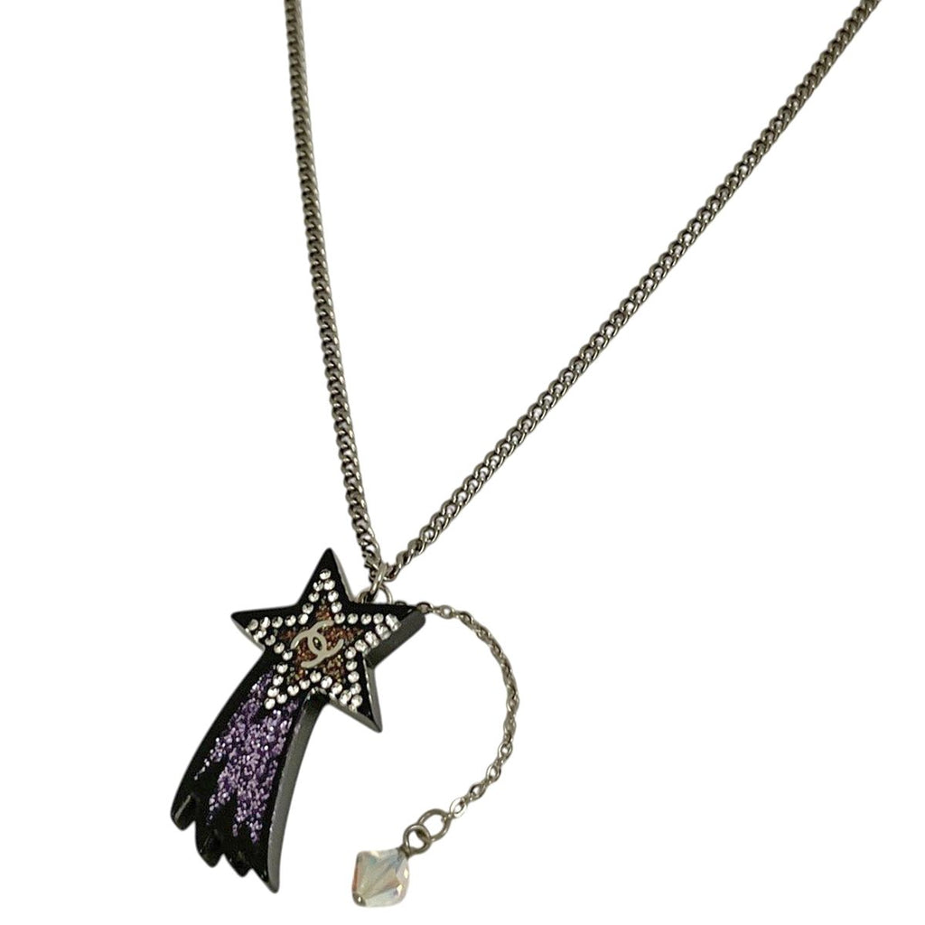 Chanel CC Logo Rhinestone Necklace Star Shooting Silver Plated Black