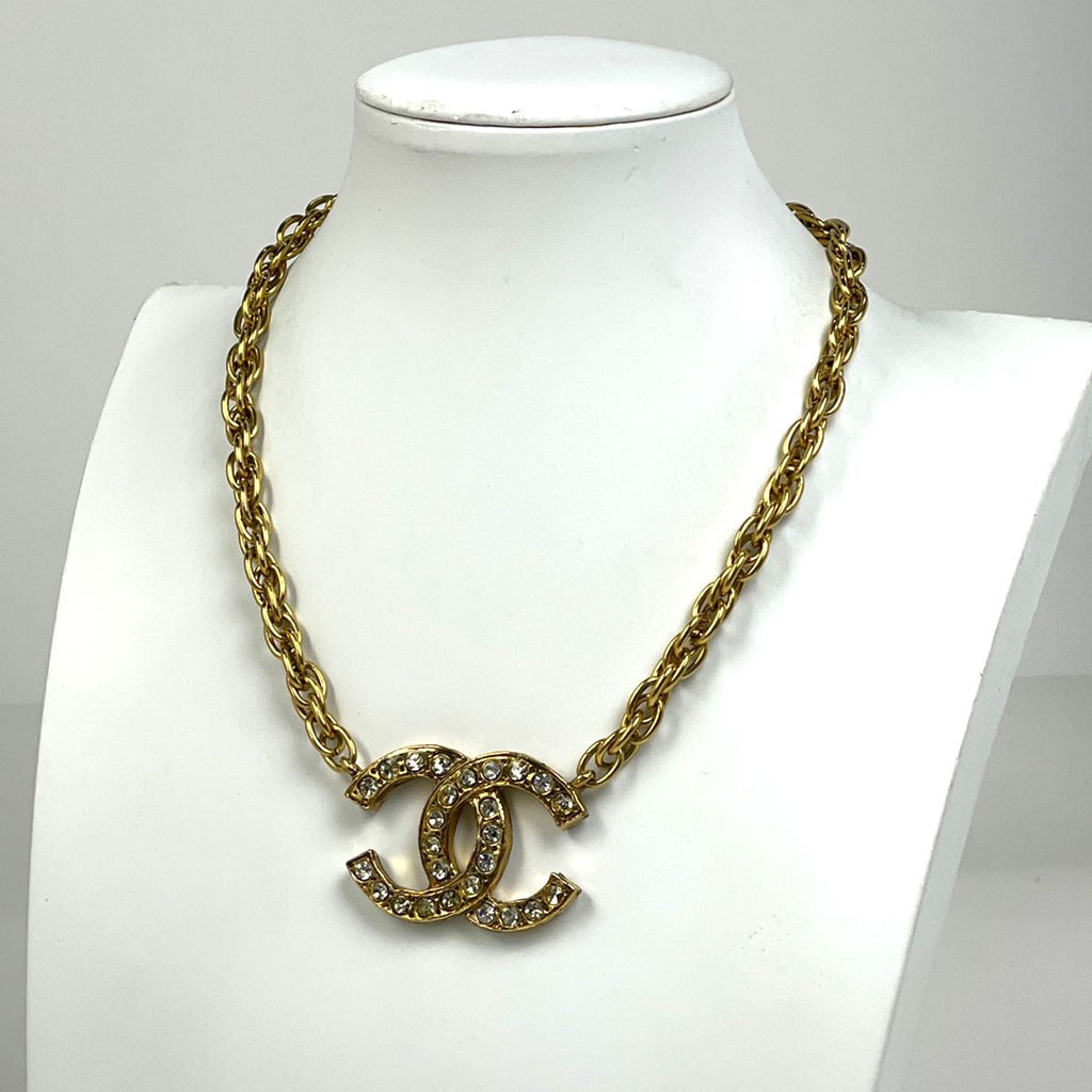 Chanel CC Logo Rhinestone Necklace Gold Plated — view 7