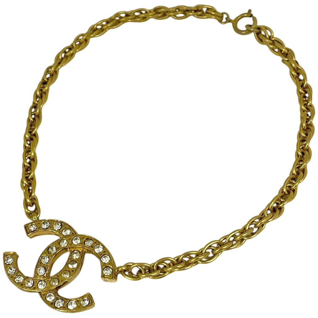 Chanel CC Logo Rhinestone Necklace Gold Plated