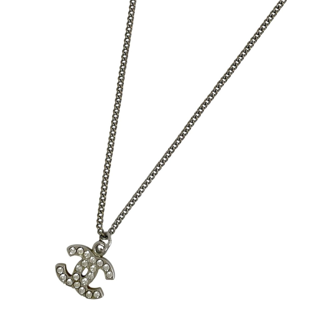 Chanel CC Logo Rhinestone Necklace Silver Plated