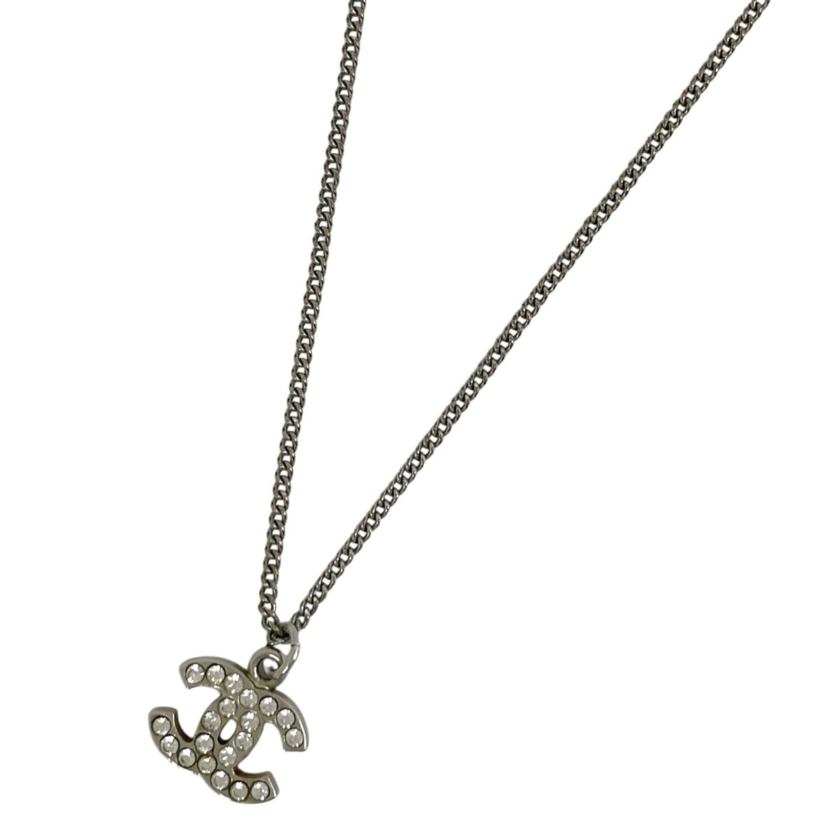 Chanel CC Logo Rhinestone Necklace Silver Plated