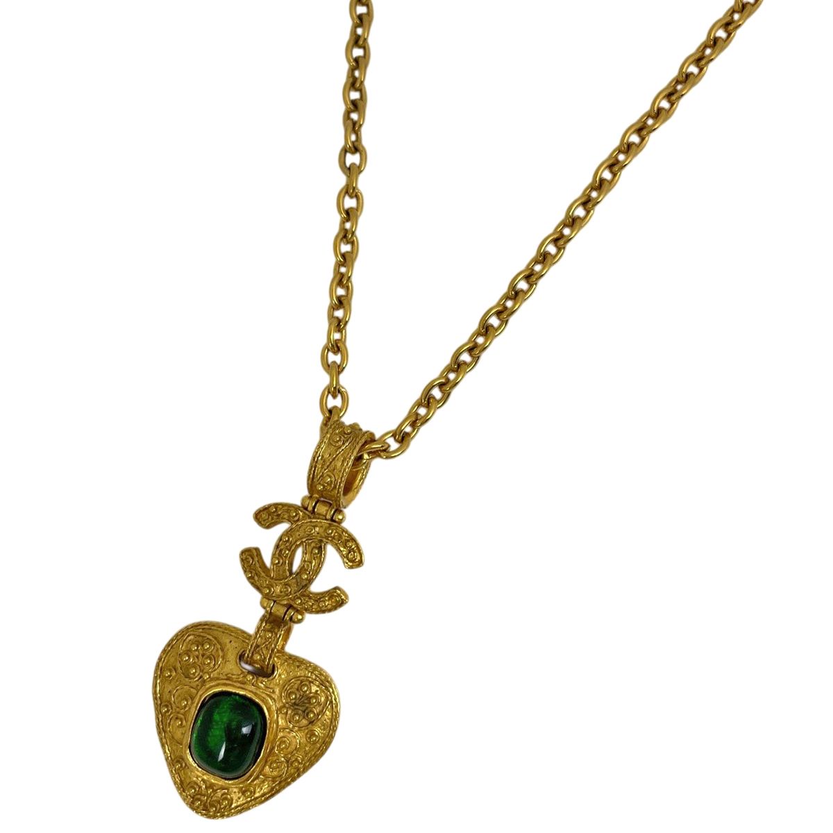 Chanel CC Logo Color Stone Necklace Gold Plated Green