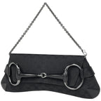 Gucci Horsebit Chain Shoulder Bag GG Pattern Canvas Black
