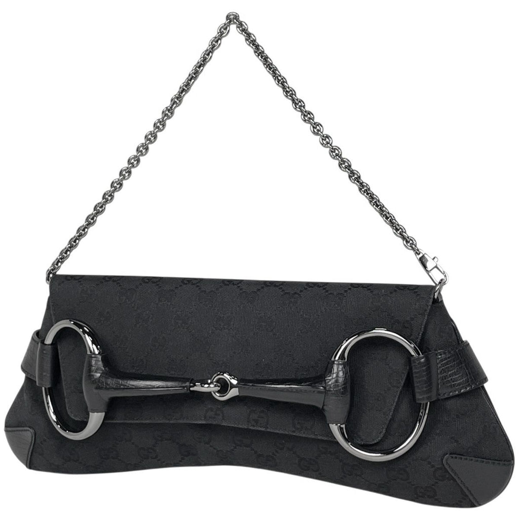 Gucci Horsebit Chain Shoulder Bag GG Pattern Canvas Black
