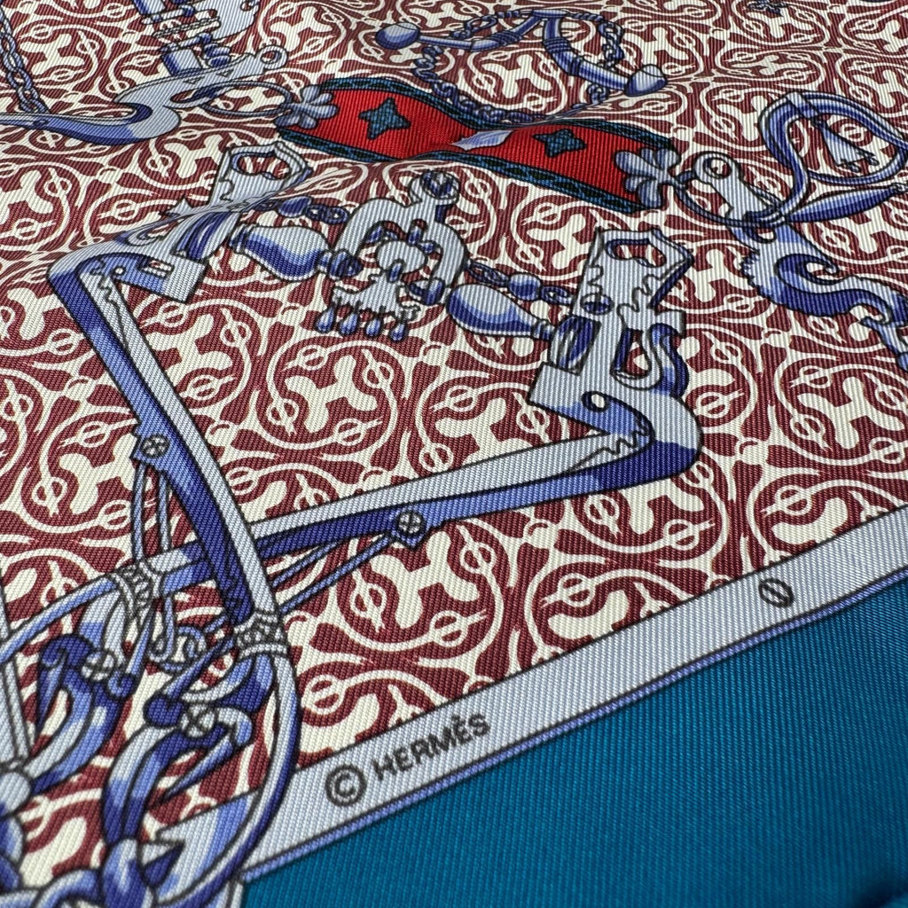Hermes Carre 45 Blue Mors Et Gourmettes Vichy Scarf — view 4