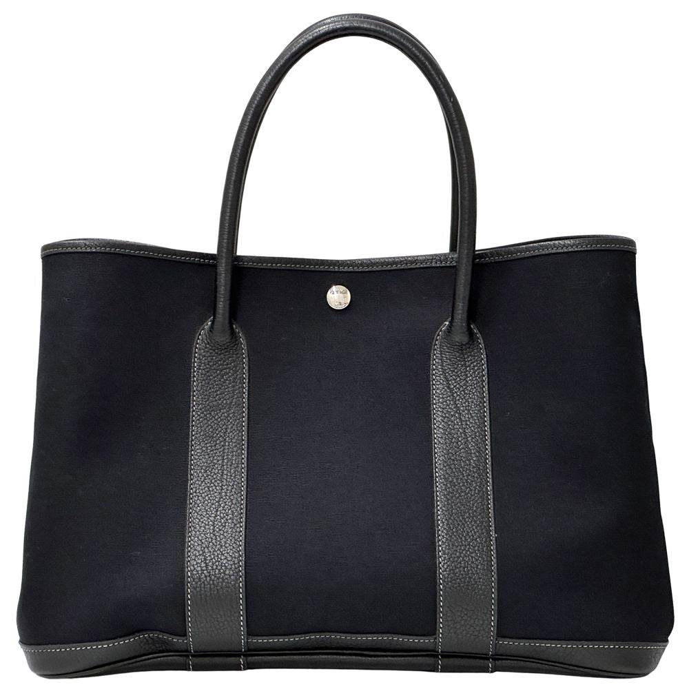 Hermes Garden Party PM Tote Toile Officier Leather Black Silver Simple