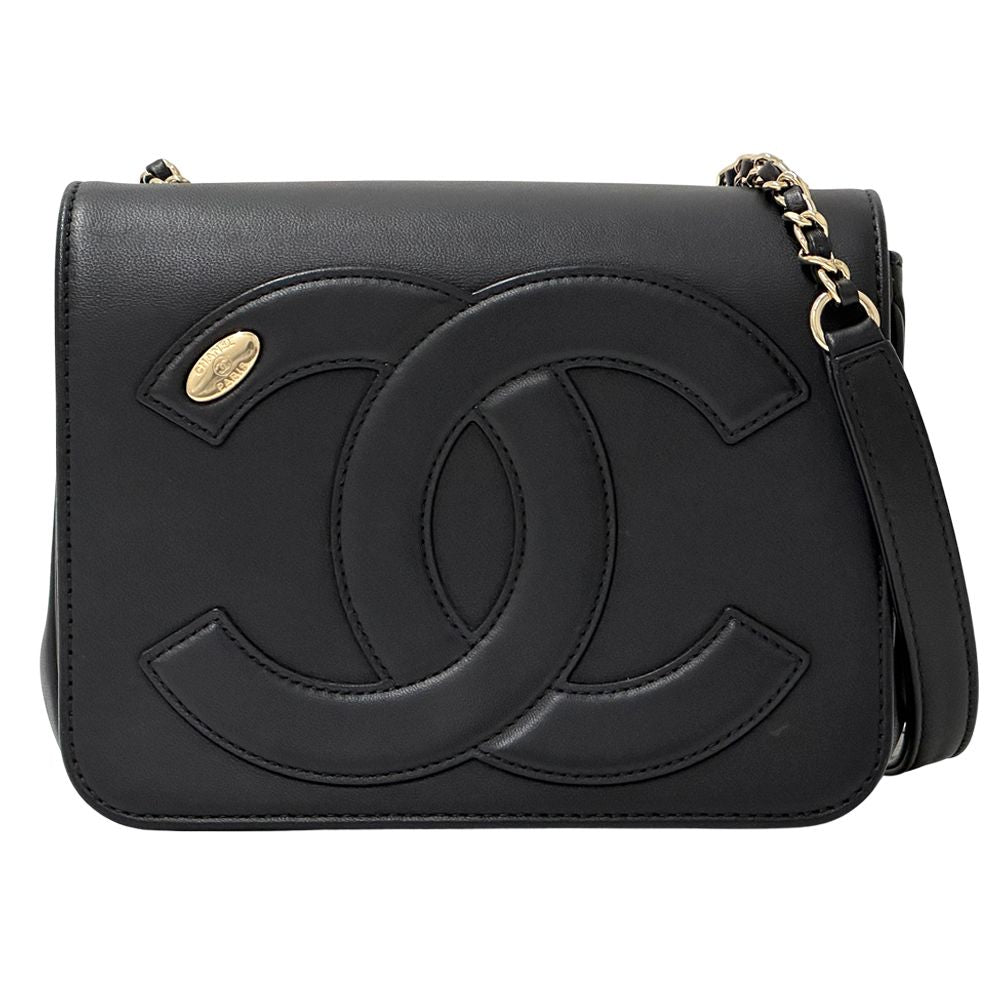 Chanel CC Logo Shoulder Bag Leather Black Gold Chain Small