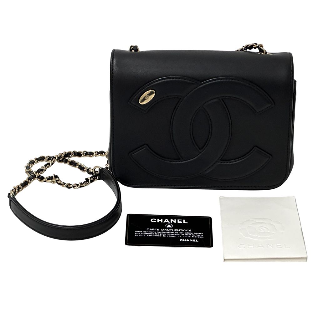 Chanel CC Logo Shoulder Bag Leather Black Gold Chain Small — view 9