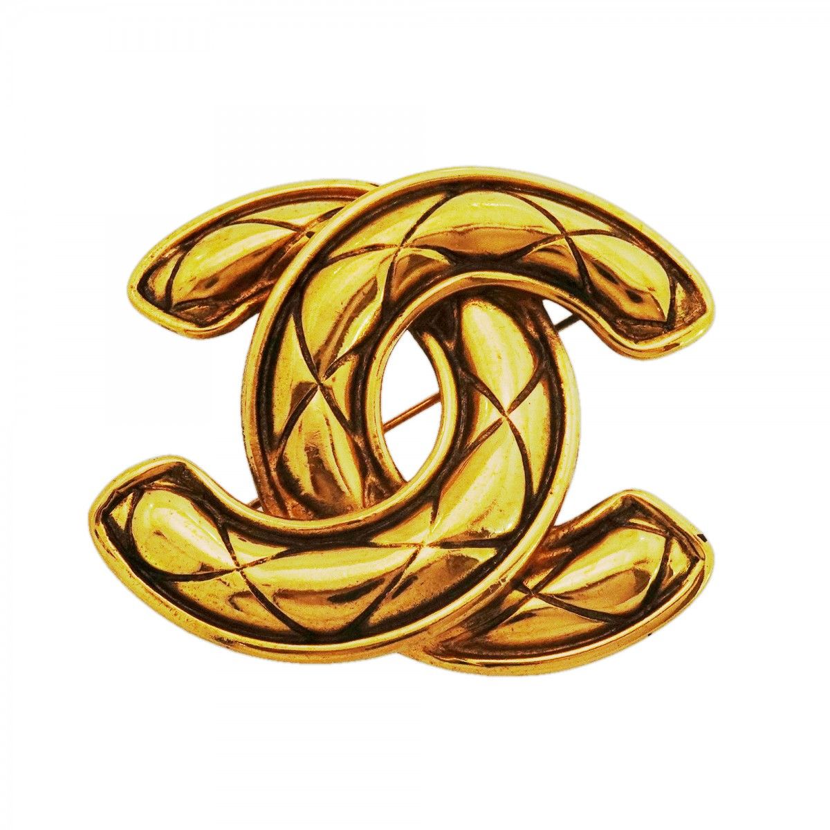 Chanel Brooch Vintage CC Logo Quilted Gold Plated
