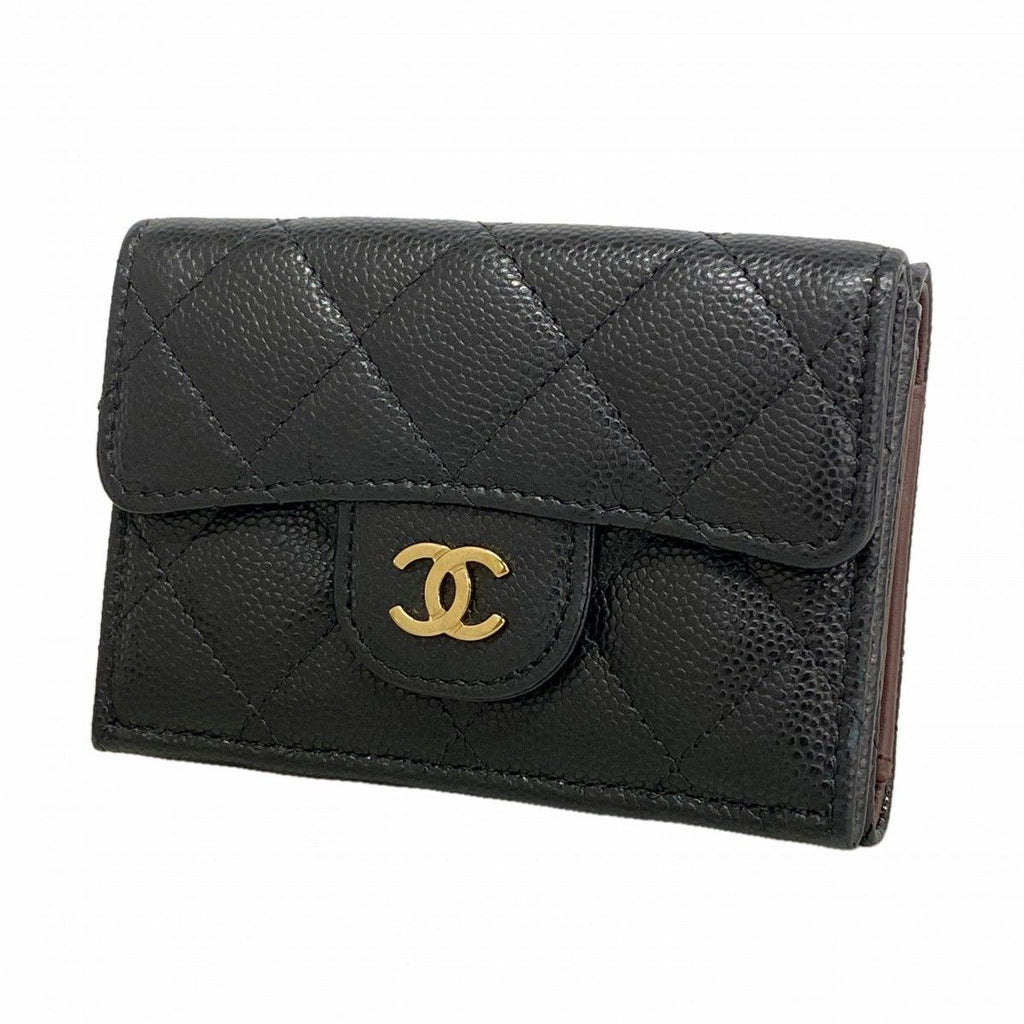 Chanel Trifold Wallet Quilted Caviar Leather Black Champagne Gold
