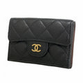 Chanel Trifold Wallet Quilted Caviar Leather Black Champagne Gold
