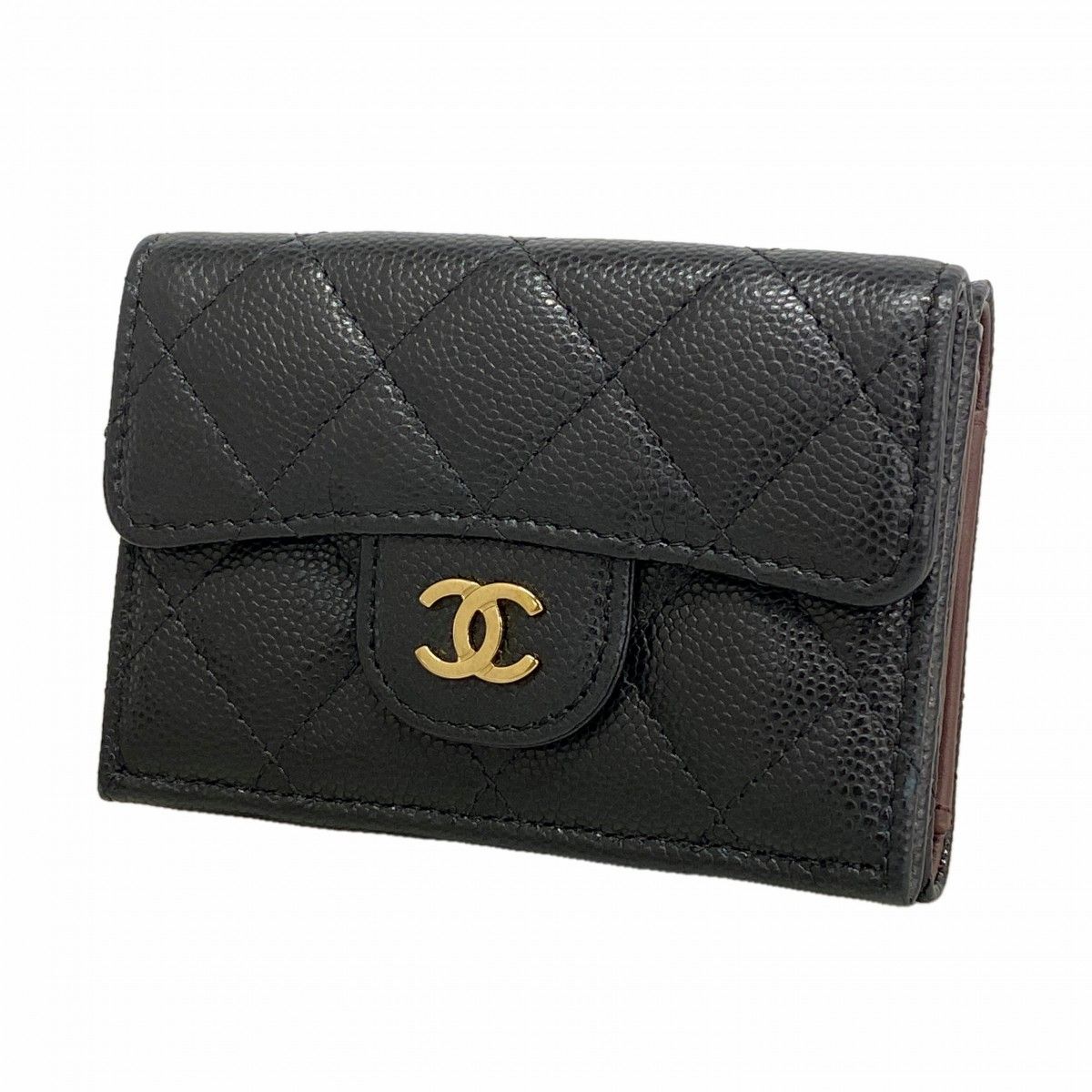 Chanel Trifold Wallet Quilted Caviar Leather Black Champagne Gold