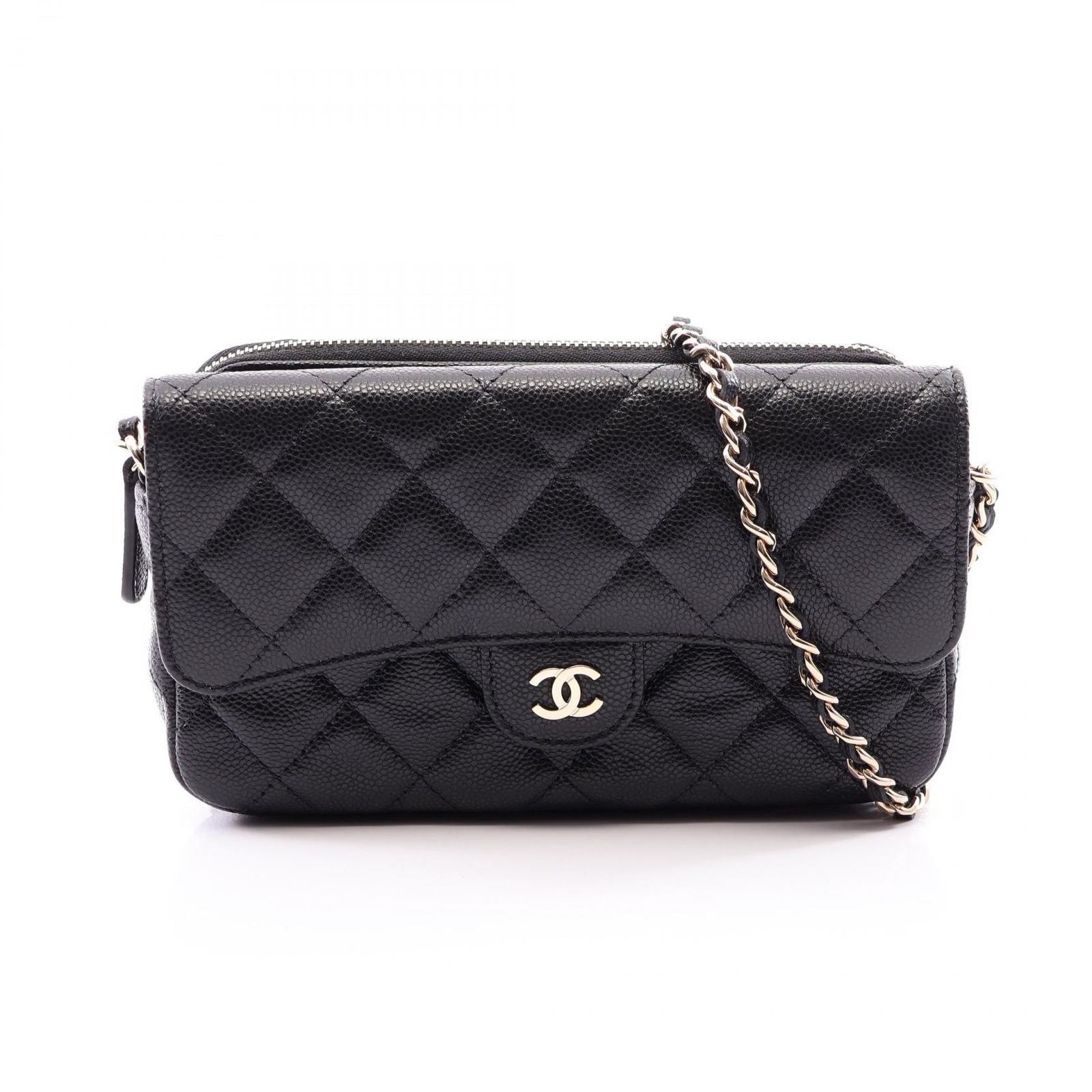 Chanel Shoulder Bag Quilted Chain Phone Case Wallet Black Caviar Leather