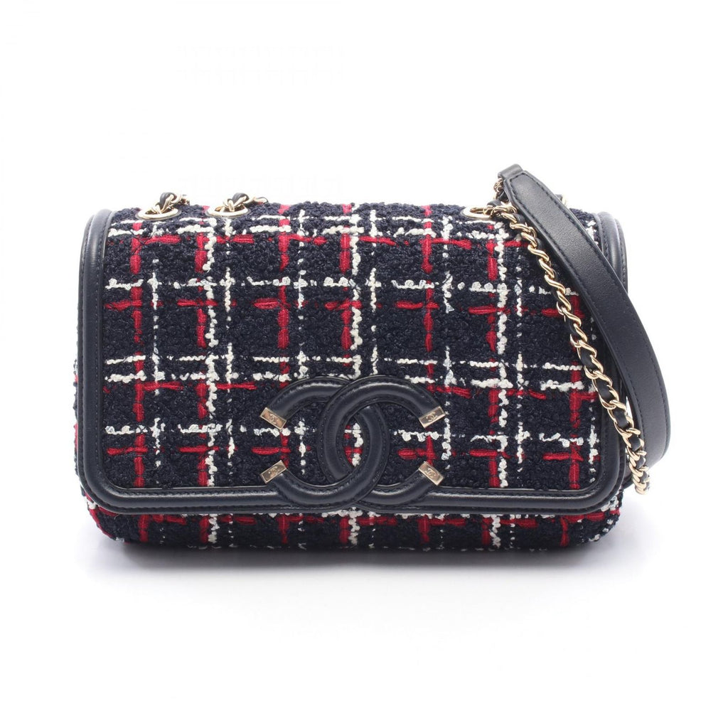 Chanel Shoulder Bag CC Filigree Navy Red Fabric Leather CC Quilted Chain