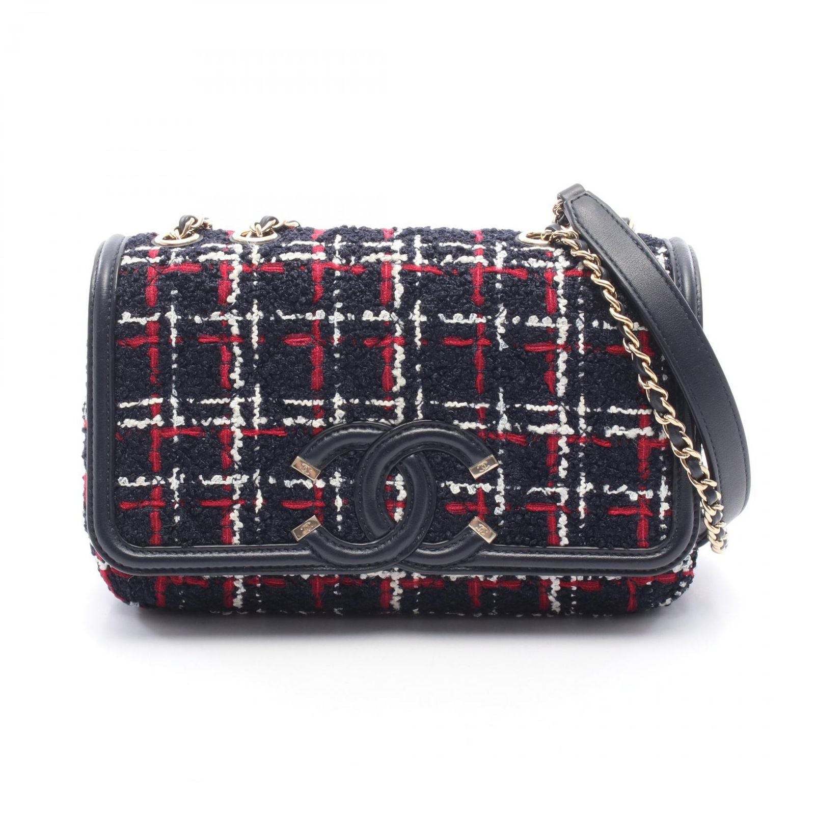 Chanel Shoulder Bag CC Filigree Navy Red Fabric Leather CC Quilted Chain