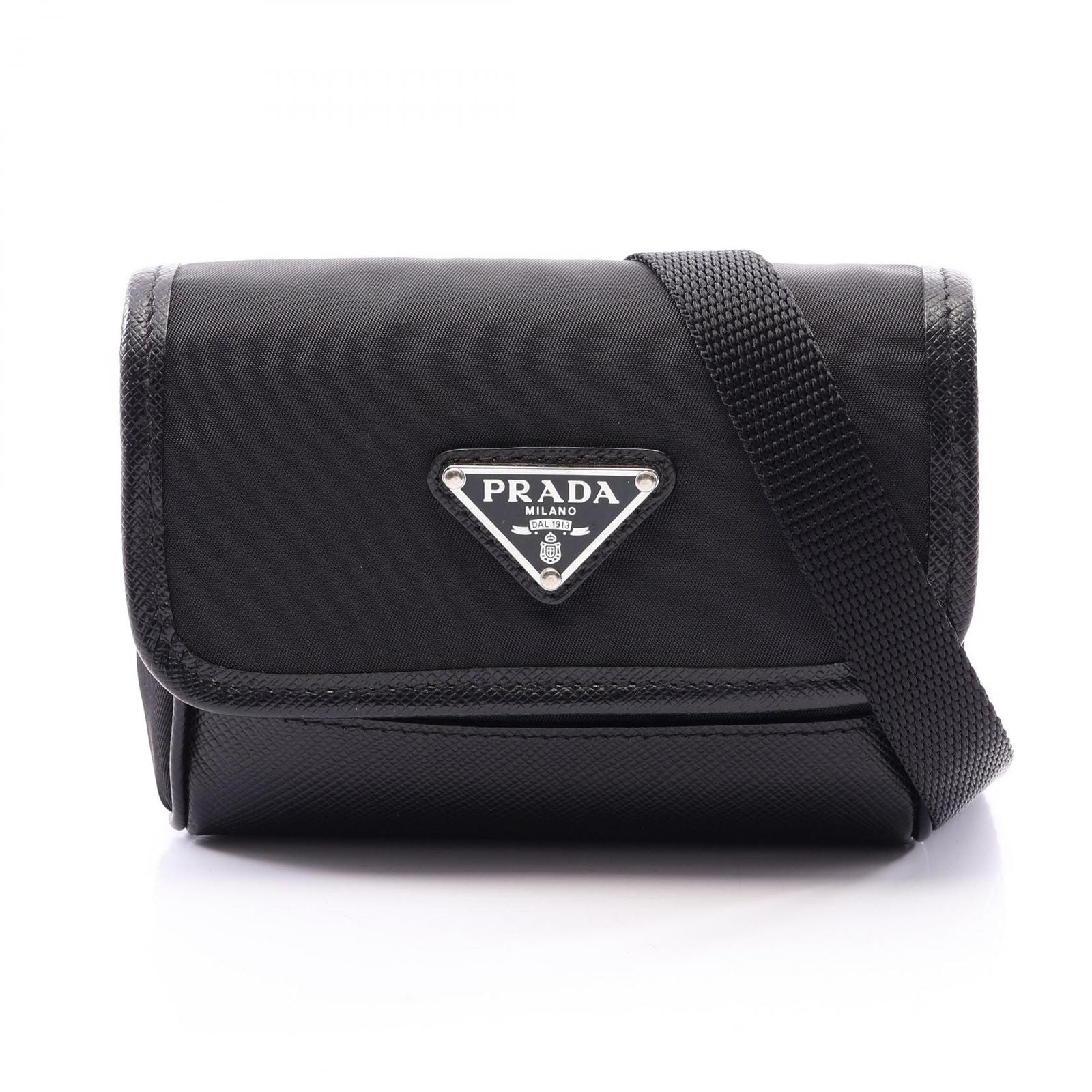 Prada Shoulder Bag Triangle Logo Black Nylon Saffiano Leather Pochette