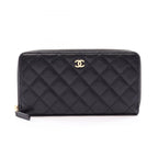Chanel Round Wallet Classic Long Zip Quilted Black Caviar Leather