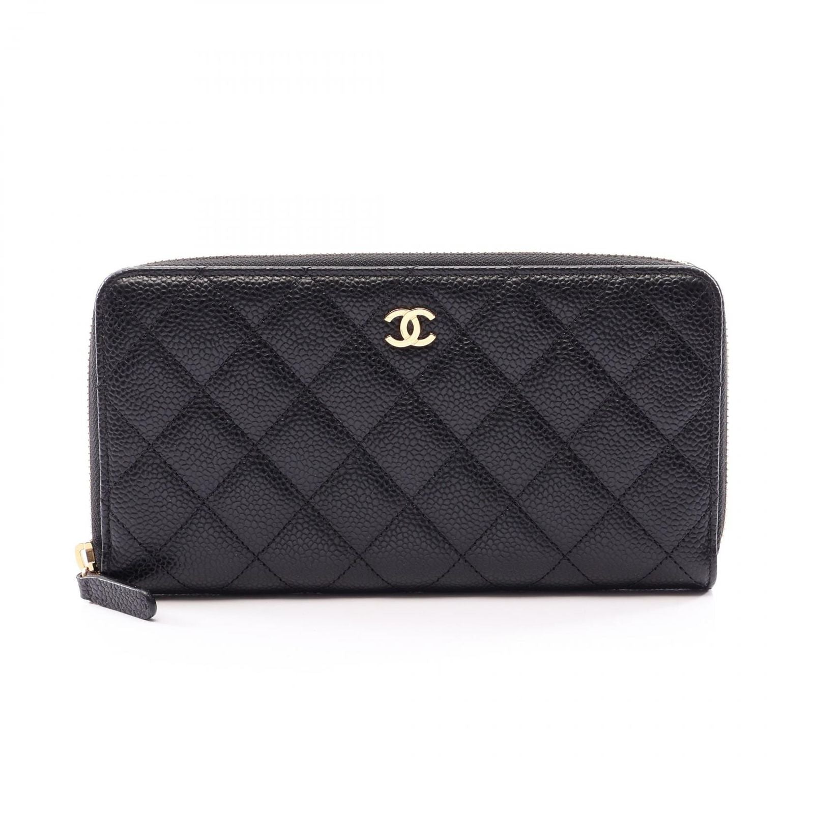 Chanel Round Wallet Classic Long Zip Quilted Black Caviar Leather