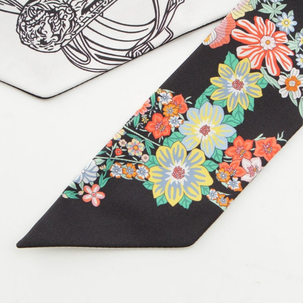 Hermes Silk Twilly Brides de Gala en Fleurs Scarf Black White Multicolor — view 8