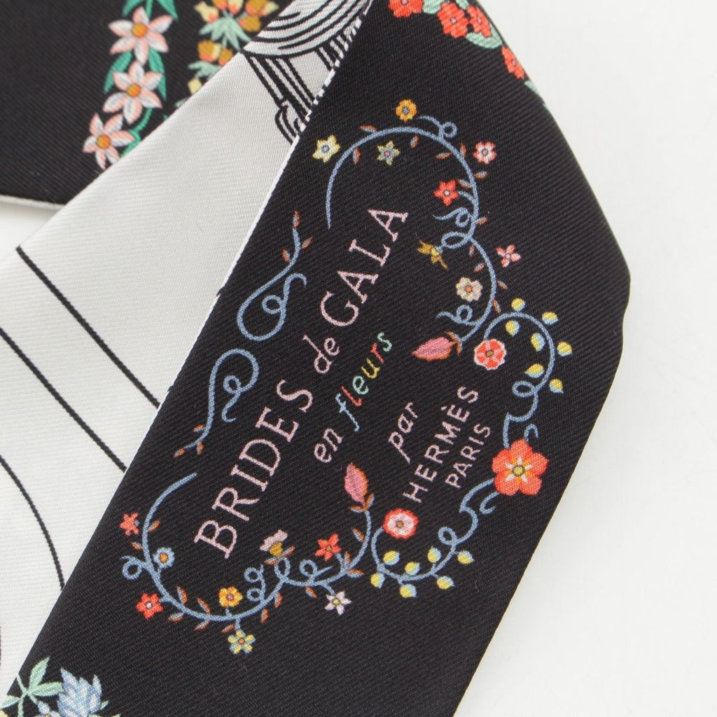 Hermes Silk Twilly Brides de Gala en Fleurs Scarf Black White Multicolor — view 3