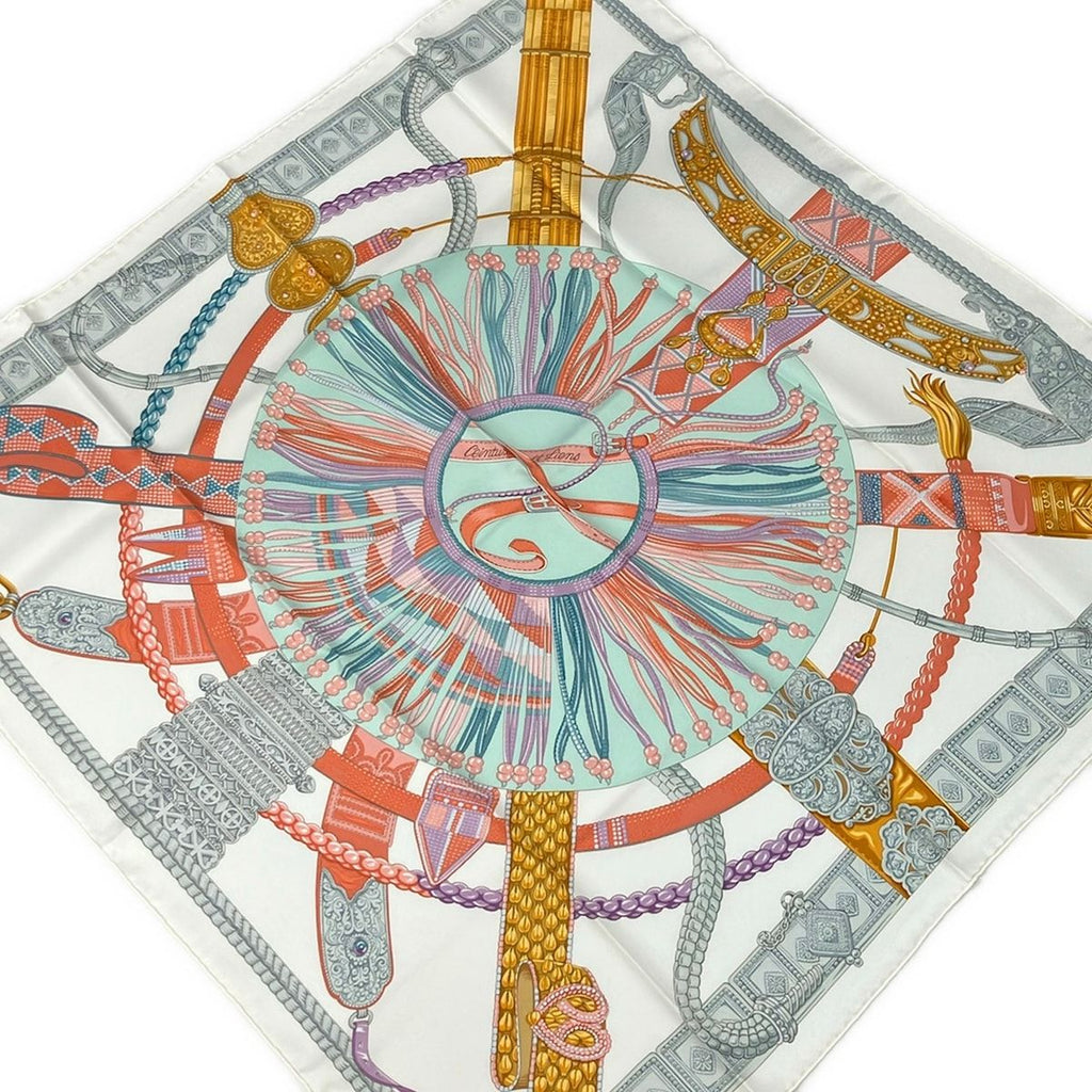Hermes Scarf Carre 90 White Light Green Multi Ceintures Et Liens