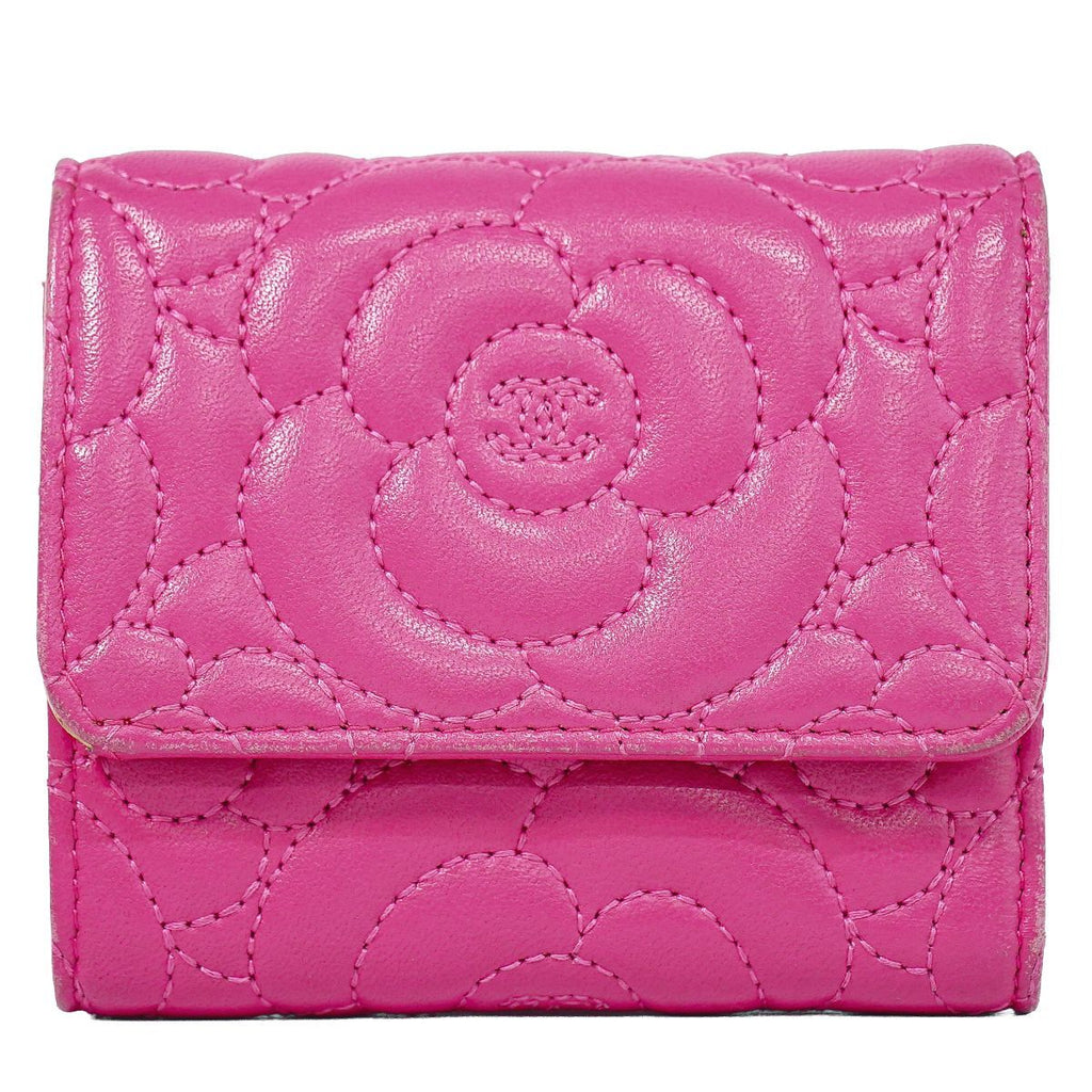 Chanel Camellia CC Logo Trifold Wallet Compact Leather Pink
