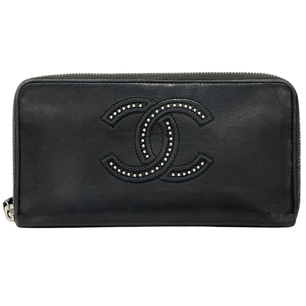 Chanel Wallet CC Logo Lambskin Black Silver Zip Around Studs