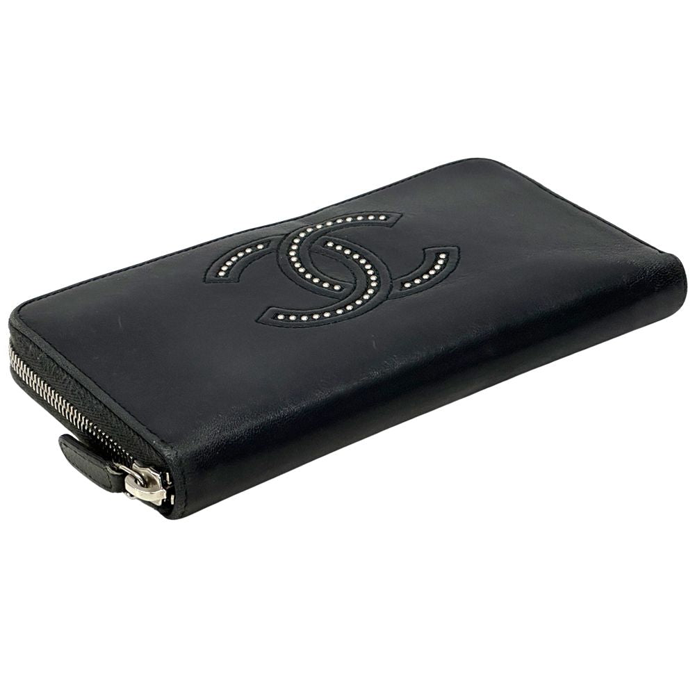 Chanel Wallet CC Logo Lambskin Black Silver Zip Around Studs — view 3