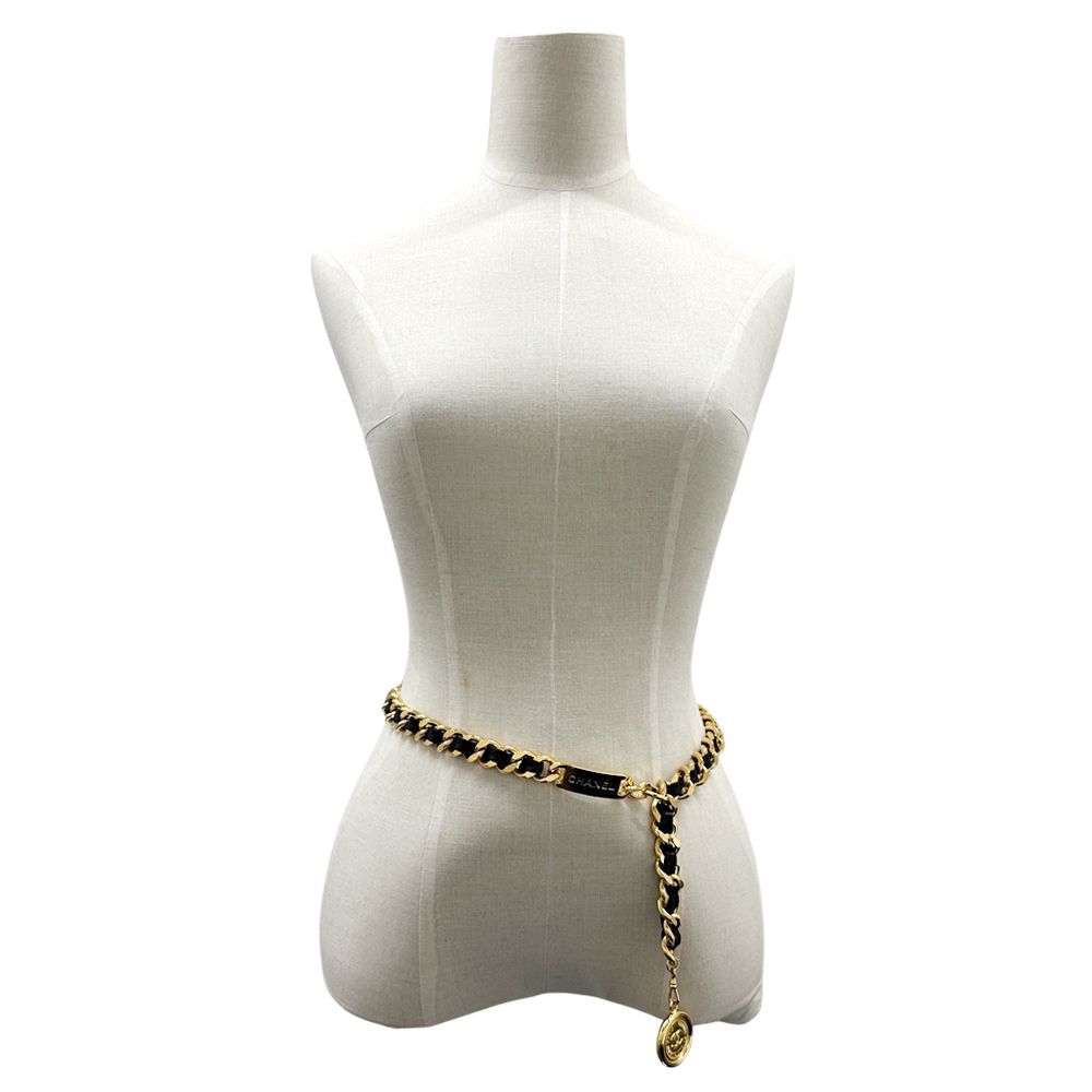 Chanel Belt Cambon Leather Chain Gold Black Logo Plate CC Thick — view 6