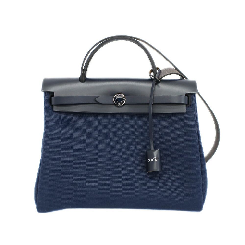 Hermes Heaven Herbag Zip PM Shoulder Bag Navy Silver Leather Canvas