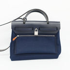 Hermes Heaven Herbag Zip PM Shoulder Bag Navy Silver Leather Canvas — view 2