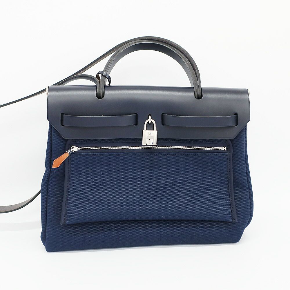 Hermes Heaven Herbag Zip PM Shoulder Bag Navy Silver Leather Canvas — view 2