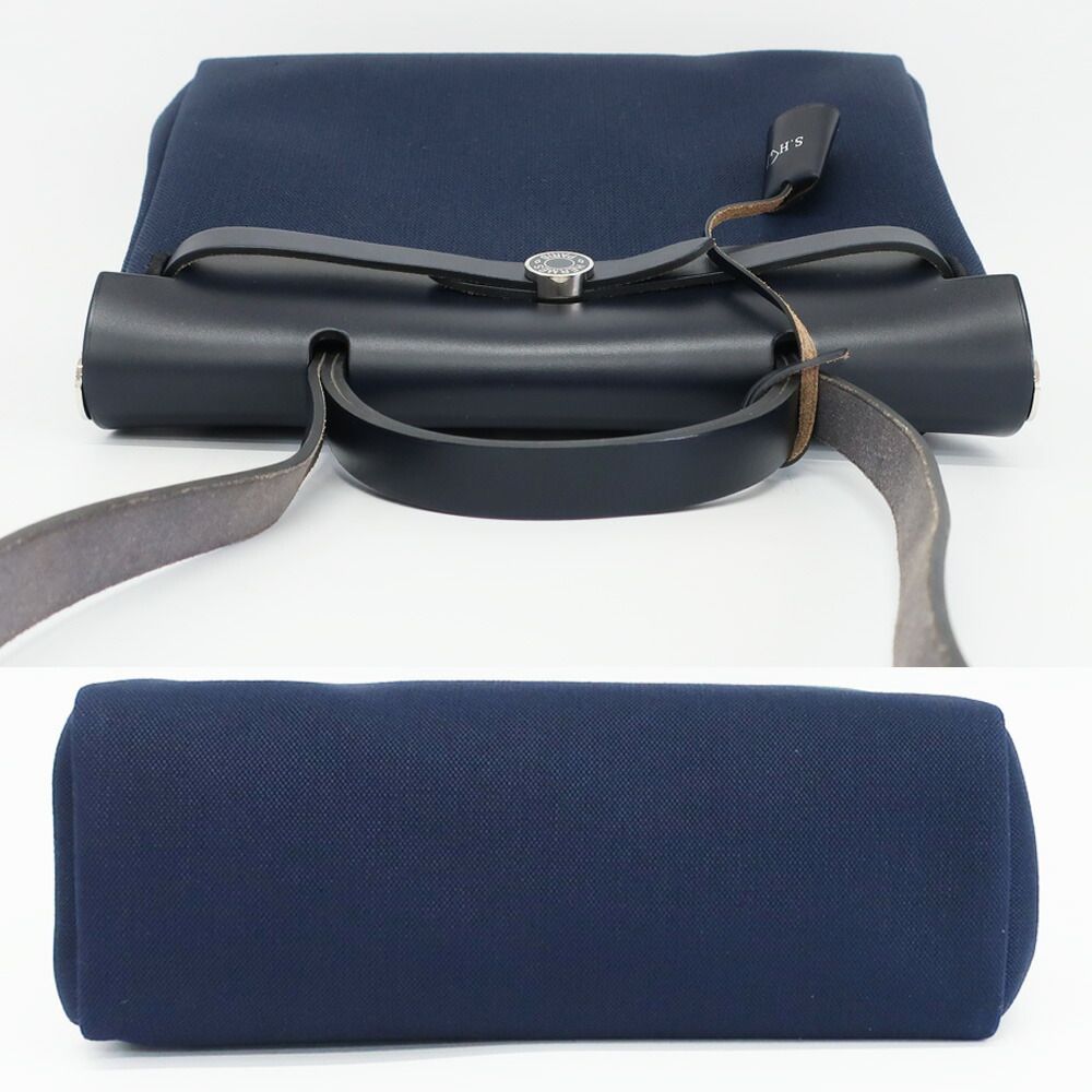 Hermes Heaven Herbag Zip PM Shoulder Bag Navy Silver Leather Canvas — view 3