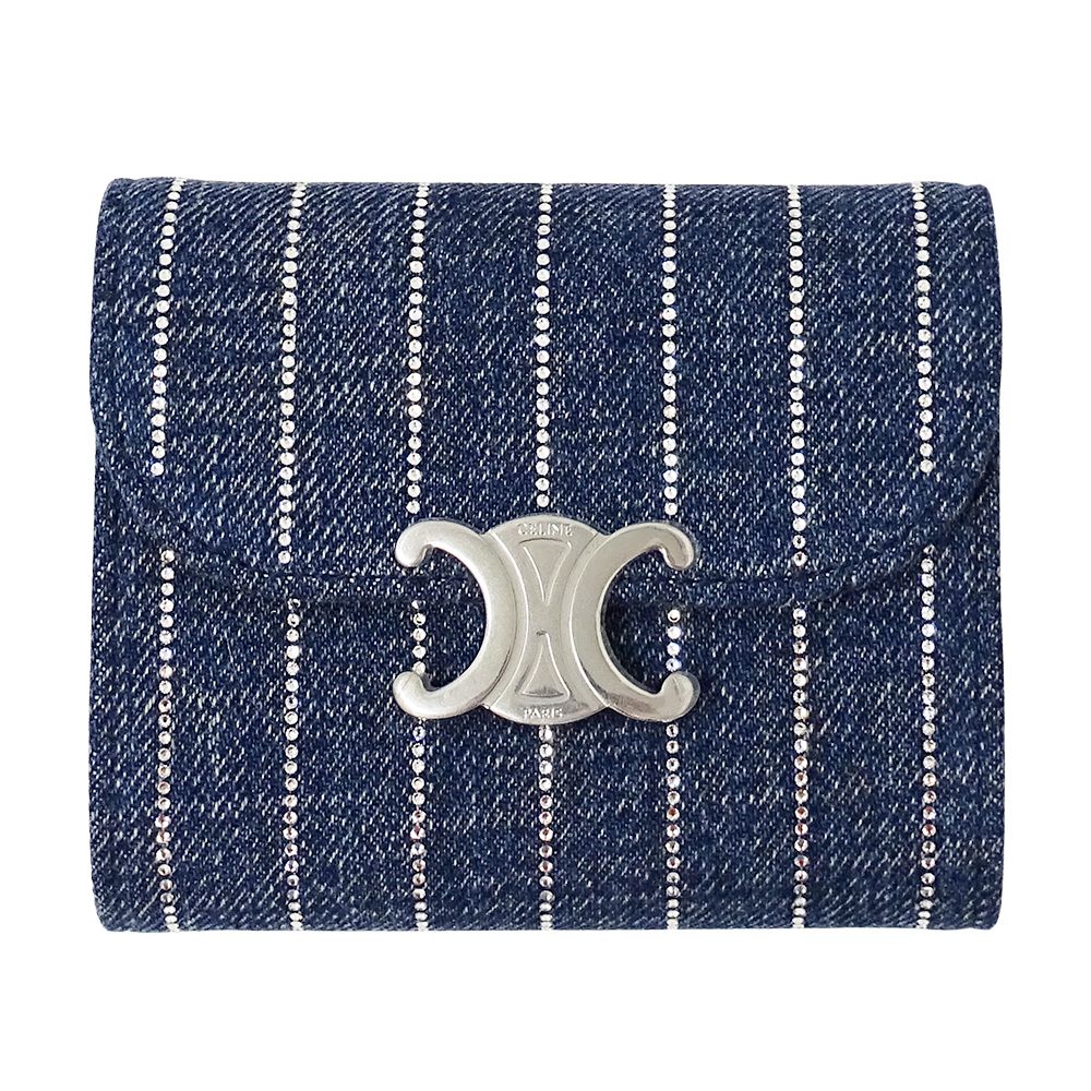 Celine Wallet Triomphe Trifold Denim Small Flap Blue Rhinestone Stripe Mini