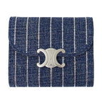 Celine Wallet Triomphe Trifold Denim Small Flap Blue Rhinestone Stripe Mini