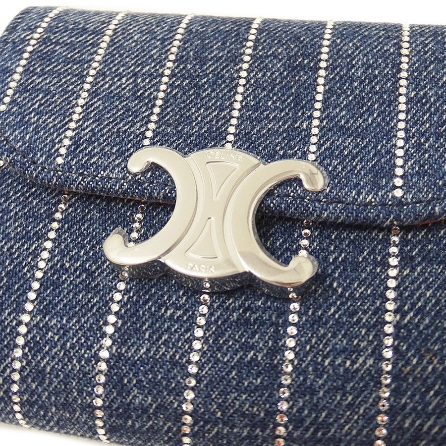 Celine Wallet Triomphe Trifold Denim Small Flap Blue Rhinestone Stripe Mini — view 8