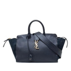 Saint Laurent YSL Logo Downtown Cabas 2-Way Shoulder Bag Navy Leather Suede