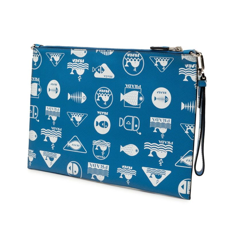 Prada Brick Marine Taste Fish Clutch Shoulder Bag Blue White Saffiano Leather — view 2