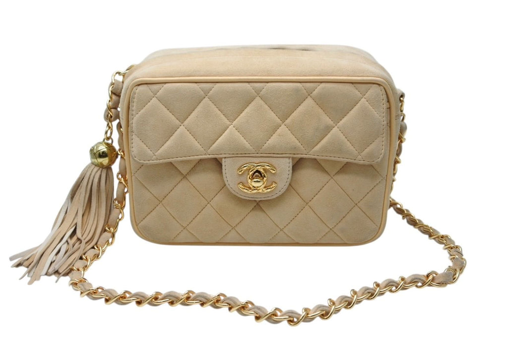 Chanel Chain Shoulder Bag CC Logo Suede Beige Fringe Gold