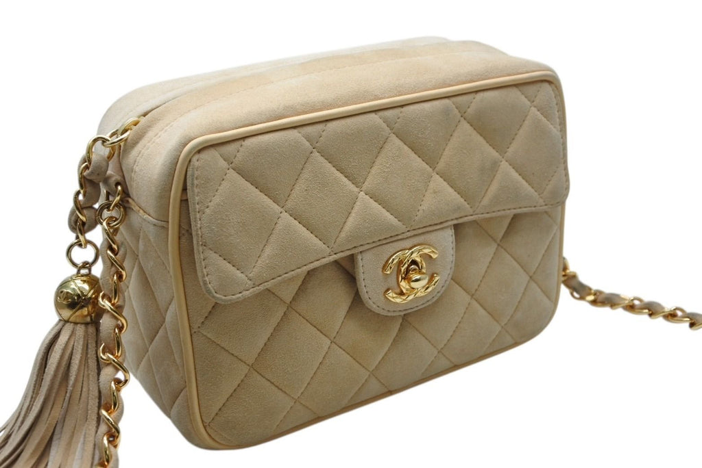 Chanel Chain Shoulder Bag CC Logo Suede Beige Fringe Gold — view 4