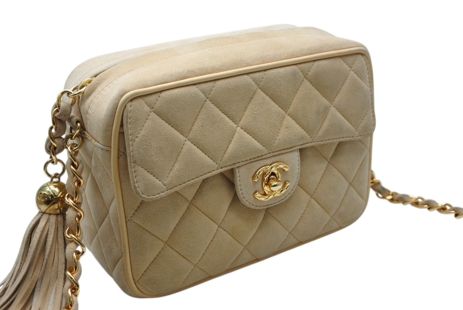 Chanel Chain Shoulder Bag CC Logo Suede Beige Fringe Gold — view 4