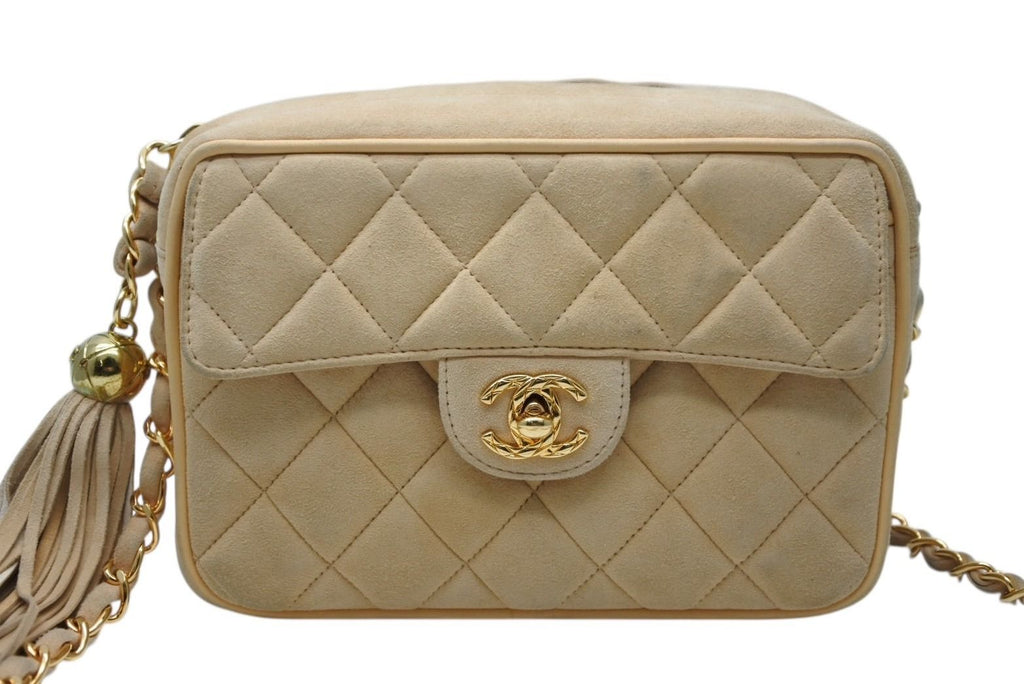 Chanel Chain Shoulder Bag CC Logo Suede Beige Fringe Gold — view 2