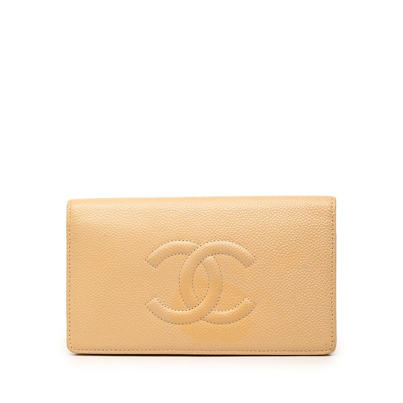 Chanel CC Logo Wallet Beige Caviar Leather